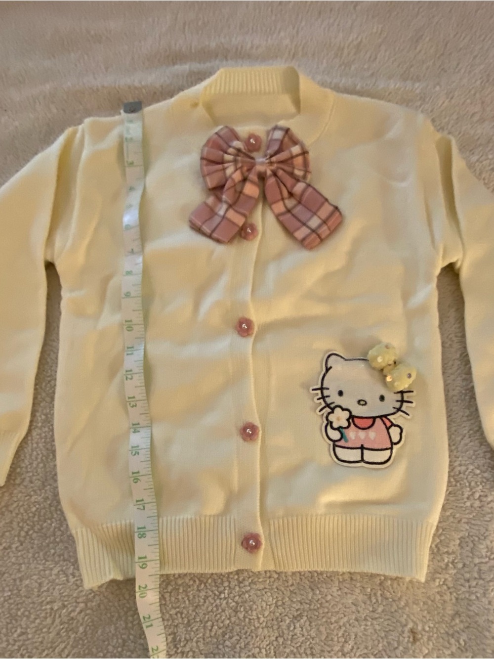 Hello Kitty Yellow Cardigan with Pink Plaid Bow